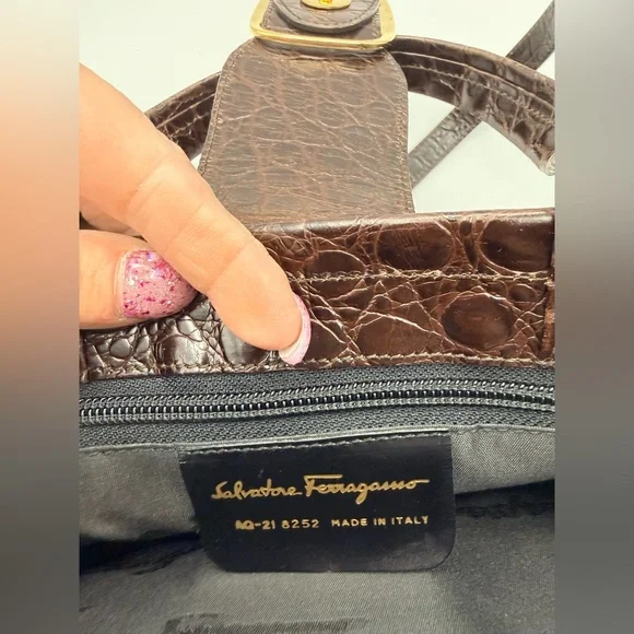 Vintage Salvatore Ferragamo Brown Croc Top Handle 2-Way Bag w/ Strap - Picture 9 of 14